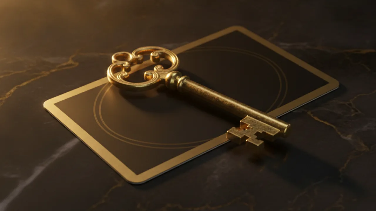 Brass key on a black access card
