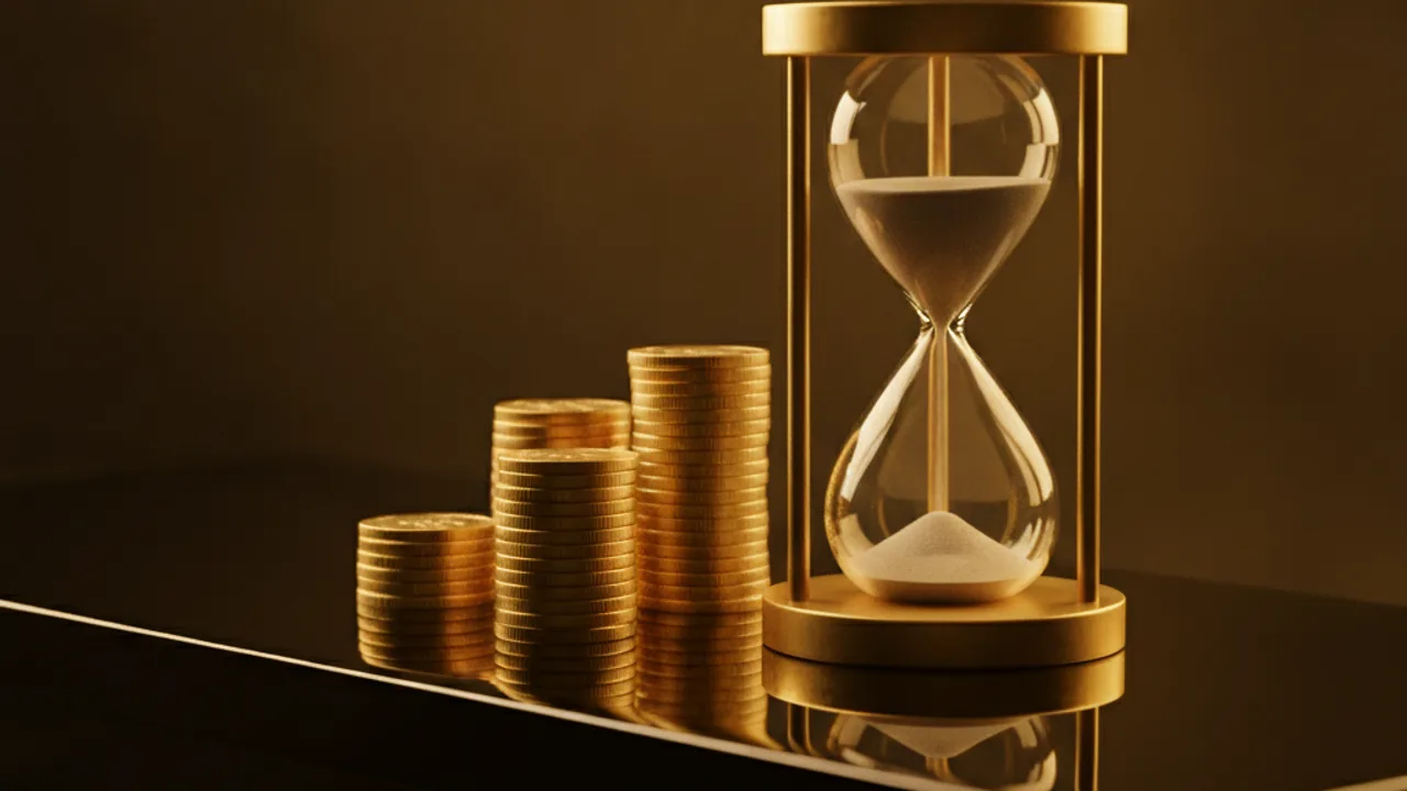 Gold hourglass and stacks of gold coins