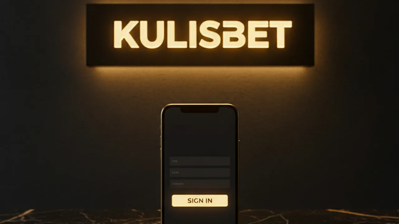 Phone with the login screen on a black marble counter, Kulisbet sign on the wall